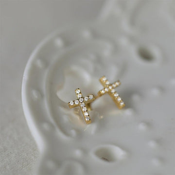 Minimalist Sterling Silver CZ Zircon Crystals Stud Earrings - Geometric Cross Gold Silver Colour Fashion Jewellery - The Jewellery Supermarket